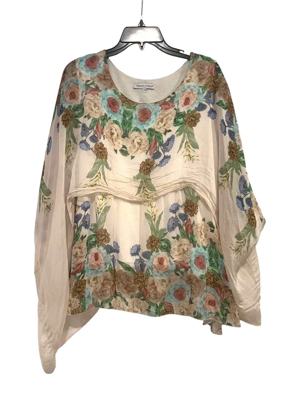 Tempo Paris Cream Floral Tunic with Multicolor Blooms Sz S/M